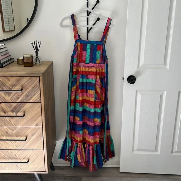 Farm Rio Multicolor Stripe Dress Brown And Blue Tropical Flight Stripes  Organic Cotton Midi Dress